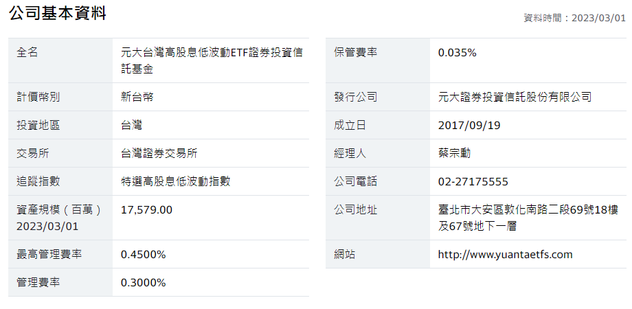 元大台灣高息低波公司基本資料